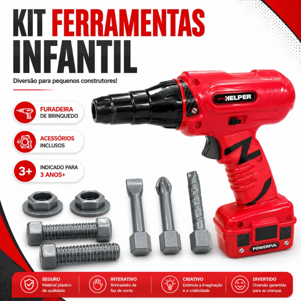 Kit Ferramentas Infantil com Furadeira Parafusadeira de Brinquedo Som Ponta Giratória 8 Peças Educativo 3 Anos+