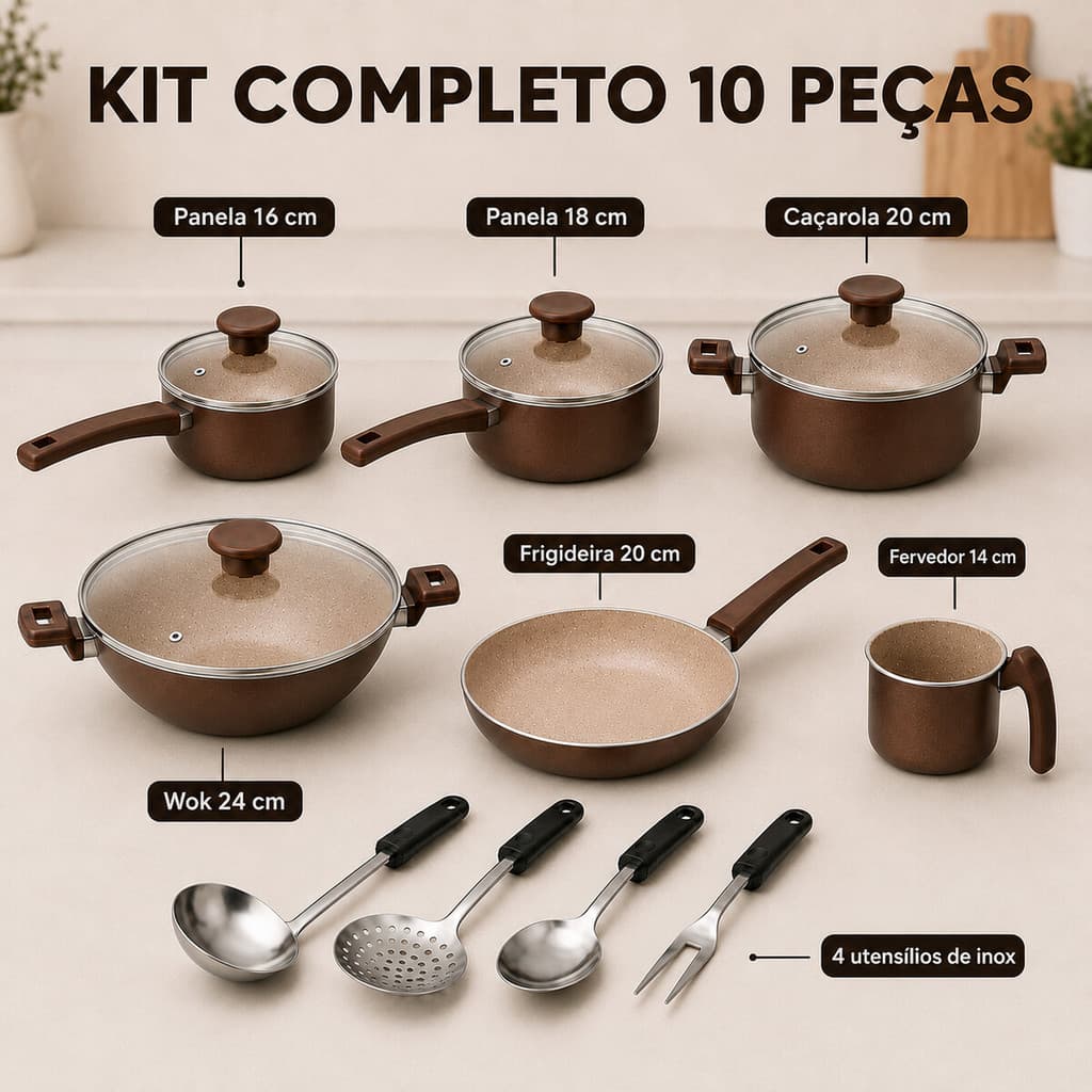 Jogo De Panelas 10 Peças Completo Antiaderente Wok com Utensilios