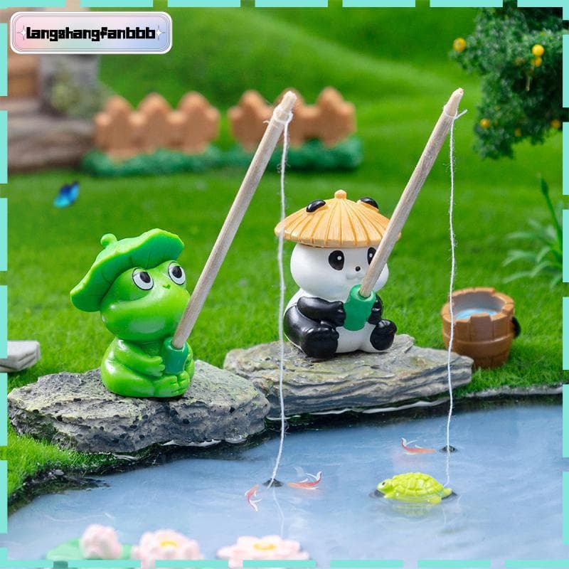 [LANGB] Estatuetas De Sapo De Pesca Panda Ornamento Criativo Figura De Animal De Desenho Animado Boneca Tanques De Peixe