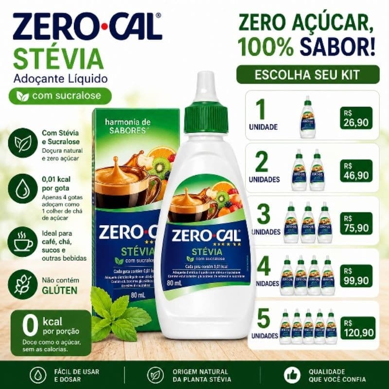 Adoçante Líquido Zero-Cal Stevia com Sucralose 80ml Zero Açúcar Kit 1 a 5 Unidades