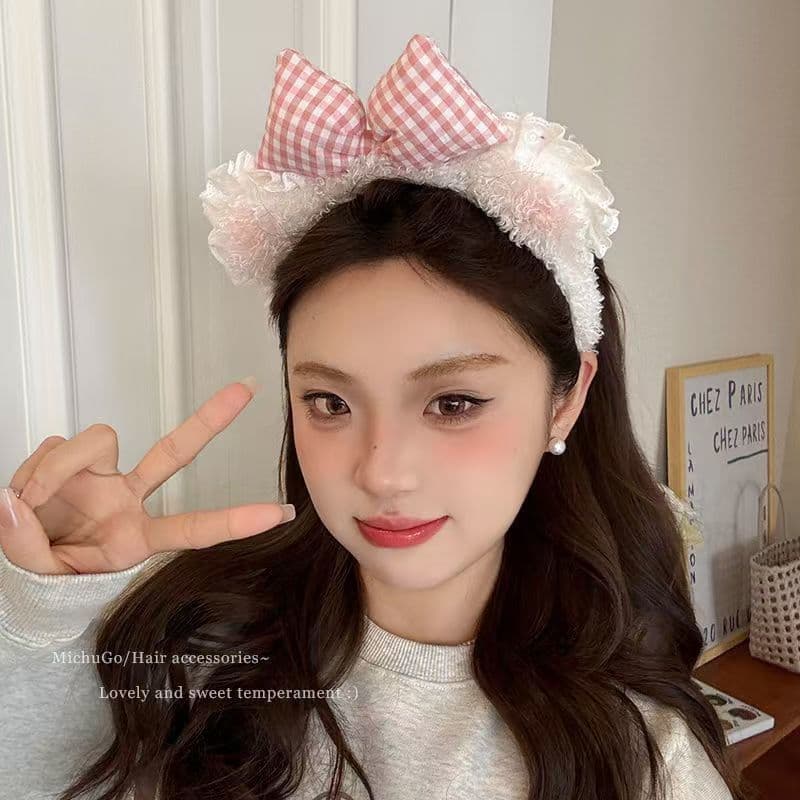 Bonito rosa xadrez arco laço bandana feminino rosto lavagem pressionado cabelo de pelúcia bandana das crianças novo esti