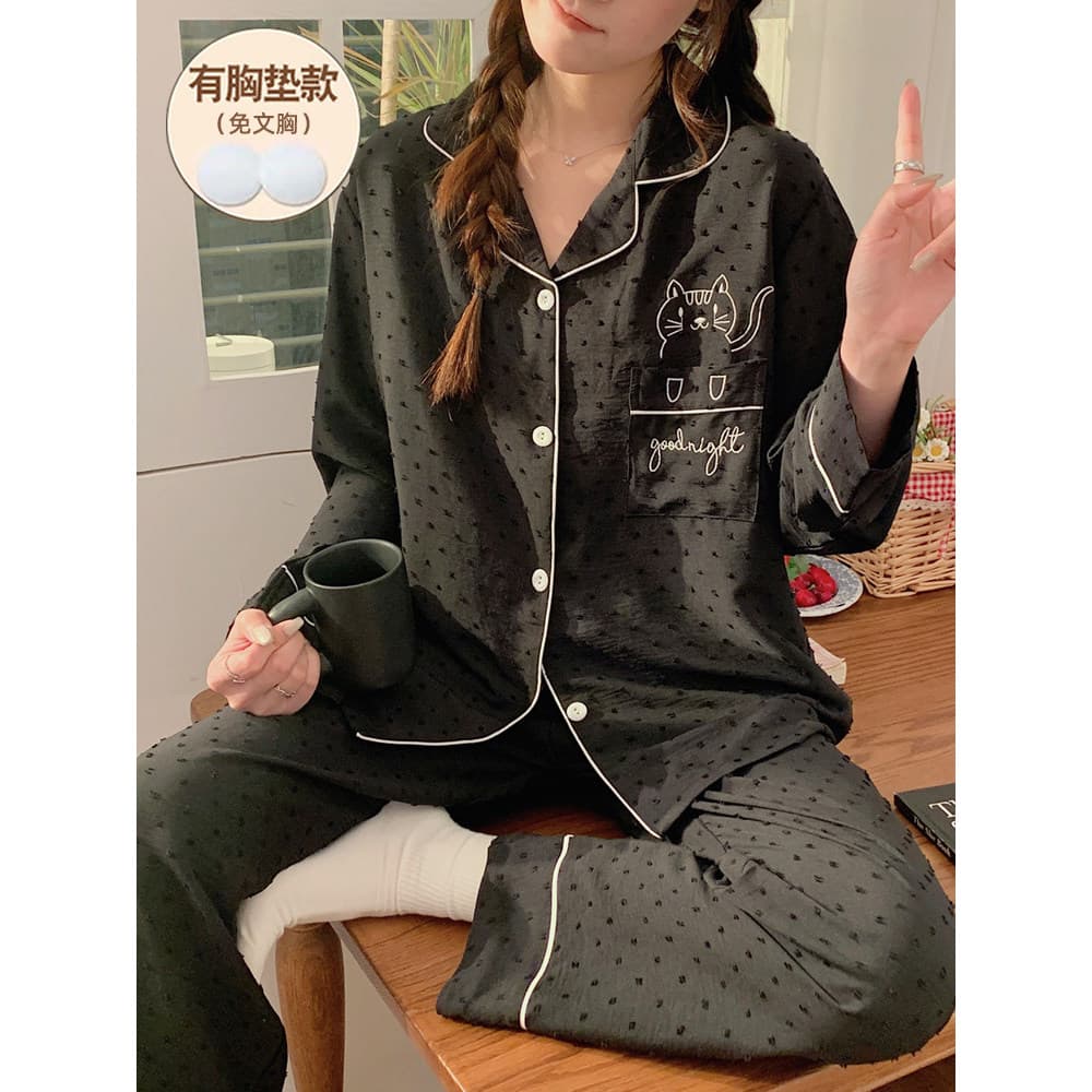 Pijamas com almofadas no peito feminino primavera outono puro algodão manga comprida gato preto dos desenhos animados ta