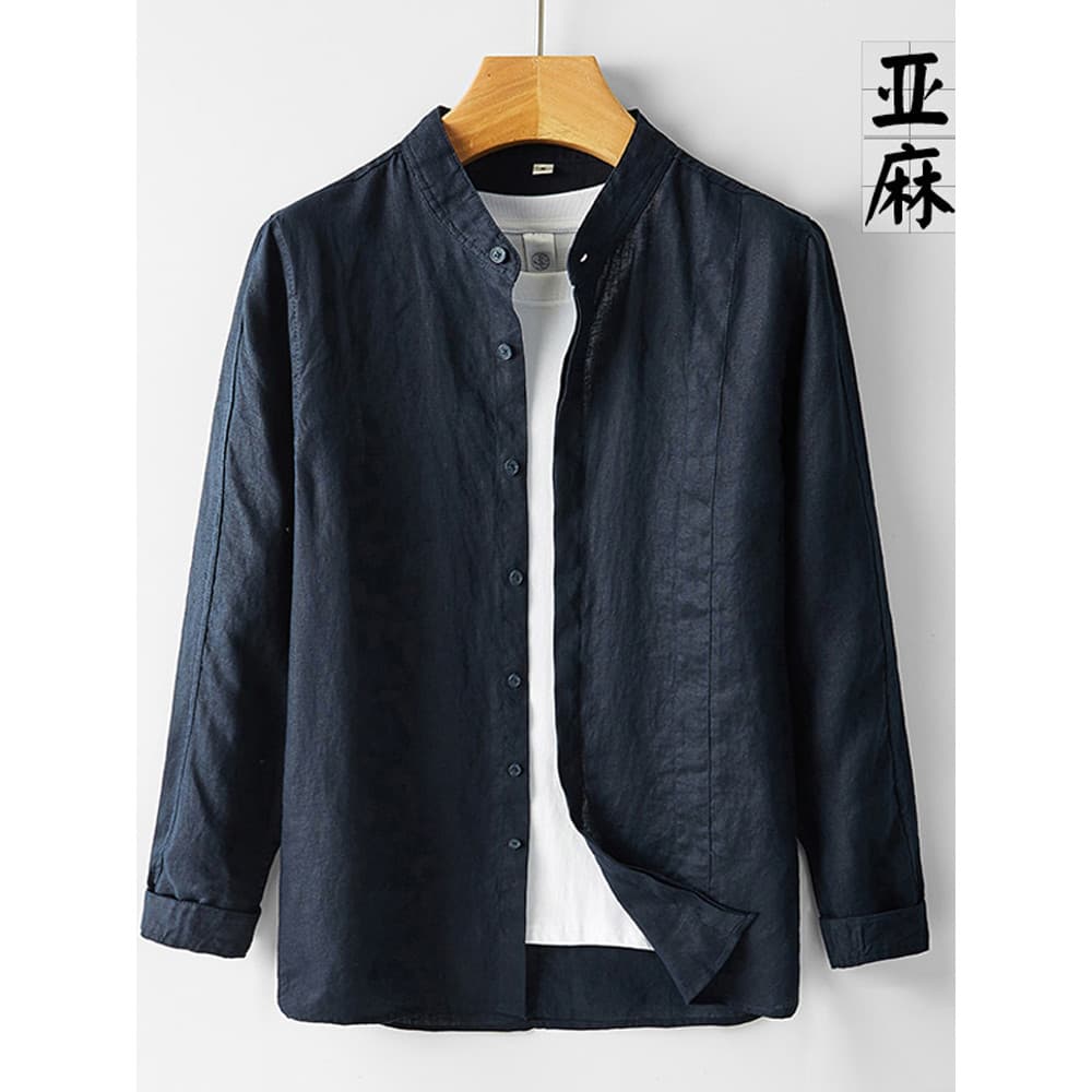 Primavera gola alta camisa de linho masculina de manga comprida meia-idade juventude solta negócios Casual camisa fina e