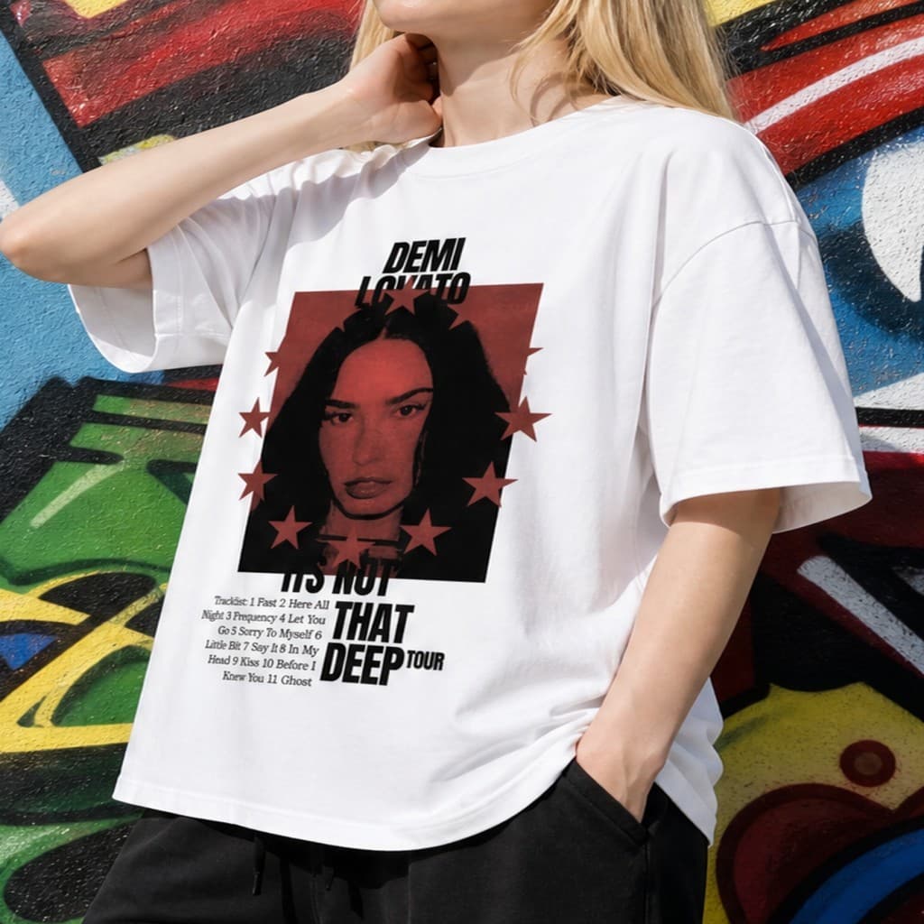 Camiseta de manga curta com estampa da turnê da Demi Lovato e lista de músicas – Camiseta casual e moderna para fãs