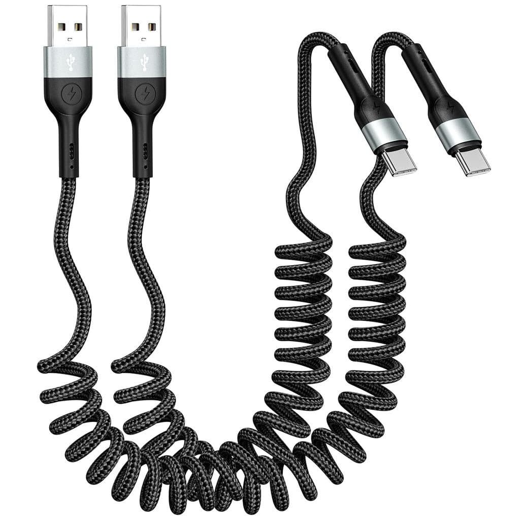 Cabo Carregador USB C Enrolado para CarPlay [3 pés, 2 unidades], Cabo USB A para USB C, Cabo de Carregamento Rápido Tipo