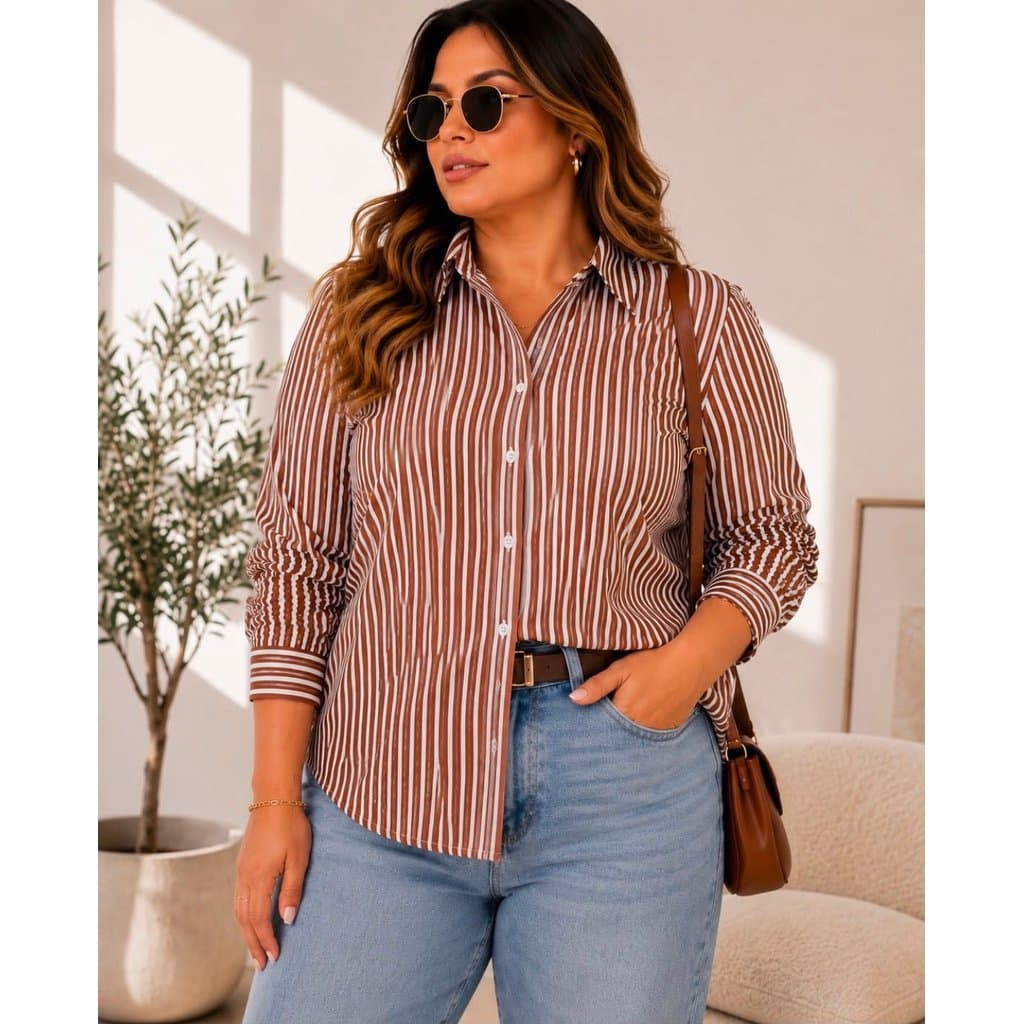 Camisa femenina comprido listrada moda plus size elegante no tecido duna e crepinho