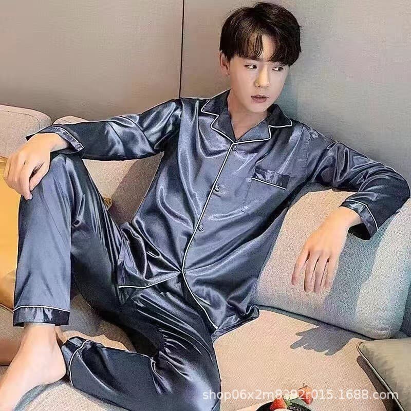 Pijamas masculinos de manga comprida primavera gelo seda fina solta Loungewear primavera Cardigan mais gordura plus Size