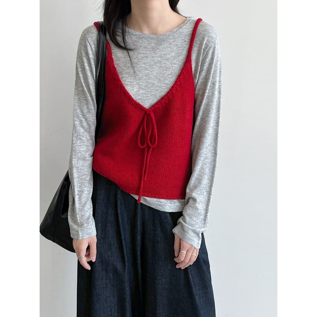Camisola de malha de lã com laço vermelho, camisola feminina em camadas, colete externo 2026, colete Super quente para r