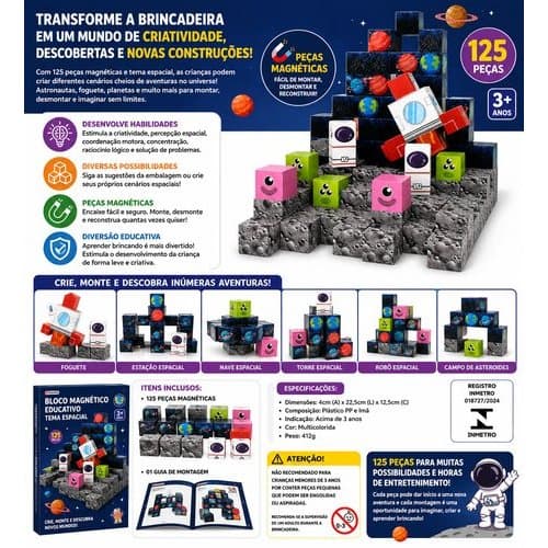 Bloco Magnetico Educativo Tema Espacial 125 Pecas Construcao Criativa Desenvolvimento Infantil Coordenacao Motora