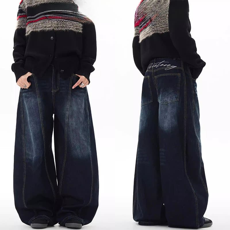 Calça Masculina Retro Estilo Y2K Bordada Solta Calça Masculina Perna Larga Calça Jeans Solta Calça Hip-Hop Americana Cal