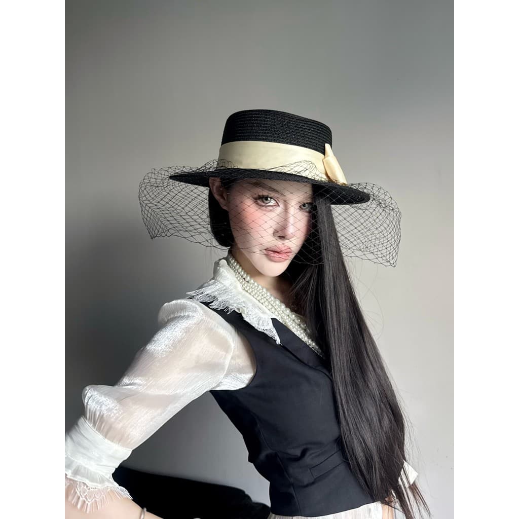 Francês Retro Hepburn estilo gaze arco plana topo chapéu de palha elegante feminino verão pára-sol protetor solar aba pl