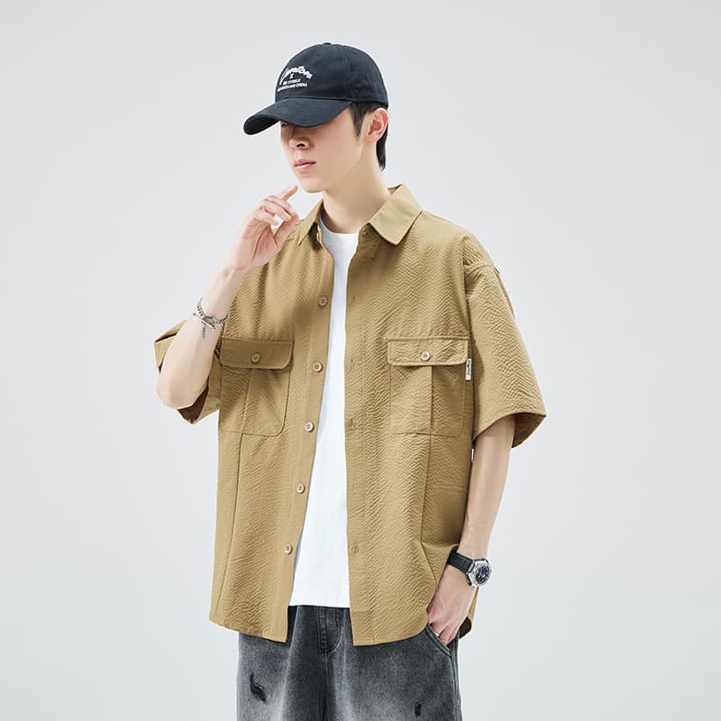 Verão japonês Retro camisa de manga curta meninos verão solto na moda All-Match Multi-saco macacão exterior usar camisa