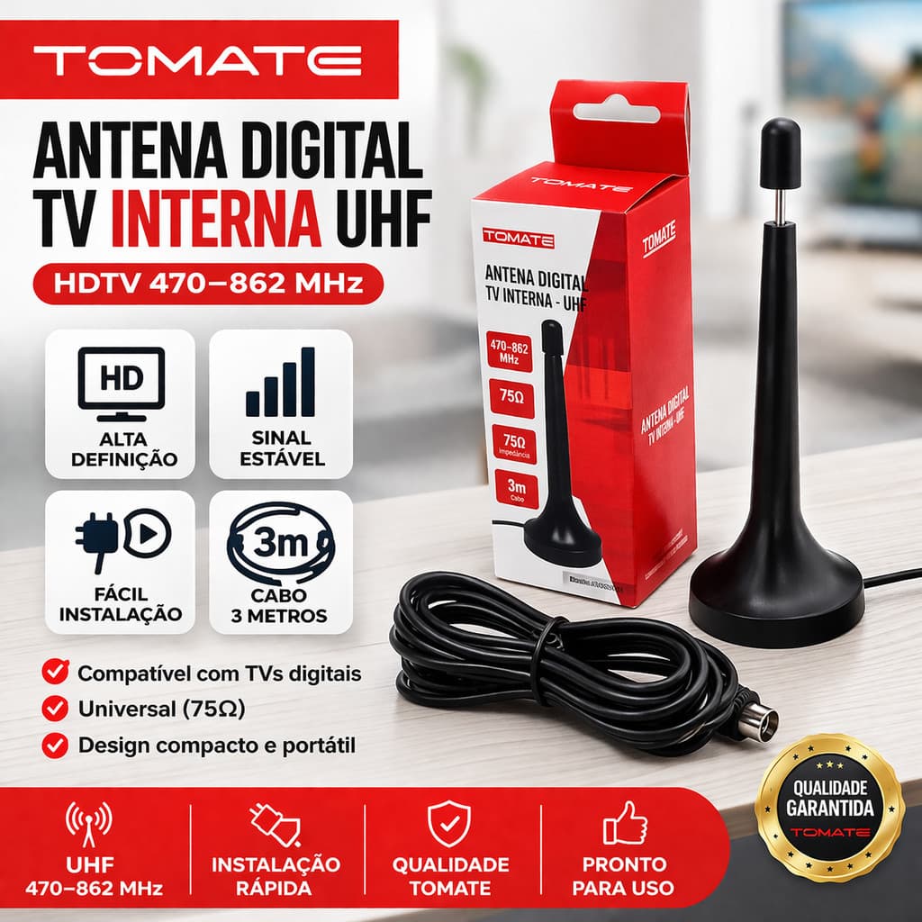 Antena Digital TV Interna UHF HDTV Cabo 3m Universal 470-862MHz Sinal Estável Alta Definição Compacta