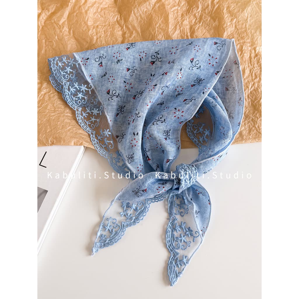 Lenço triangular de renda azul lenço pequeno lenço de seda feminino proteção de pescoço lenço de pescoço camisa combinan