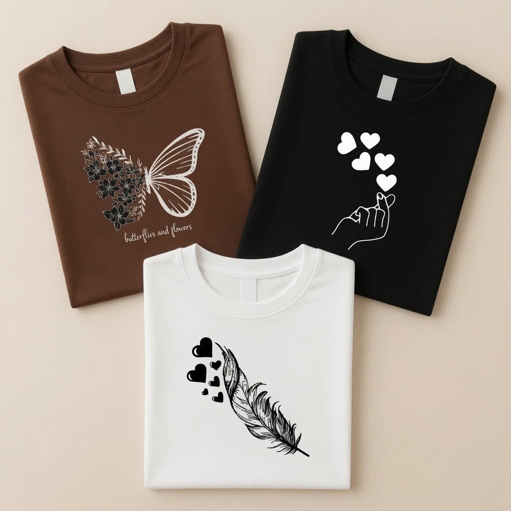 Kit 3 Camisetas Femininas Estampadas Borboletas Corações e Pena Baby 100% Algodão