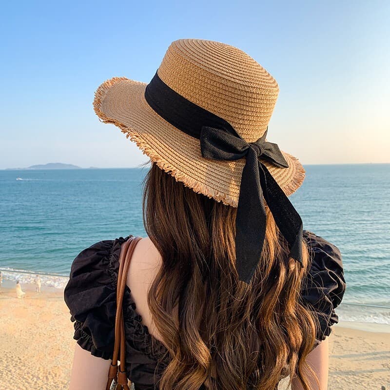 Estilo japonês desgastado chapéu de palha estilo ocidental fita arco protetor solar feminino beira-mar lazer férias prai