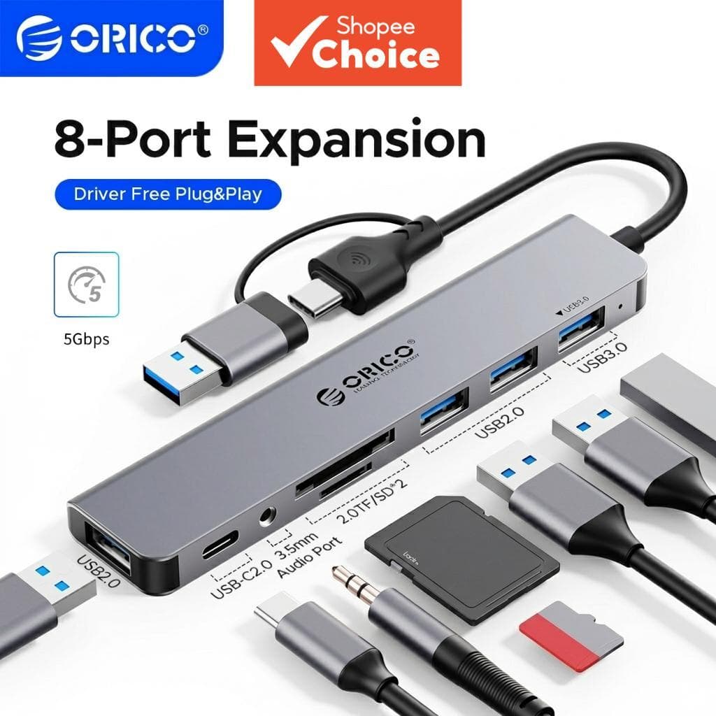 ORICO Hub USB C/USB A de Alumínio 7 em 1 com portas USB 3.0, USB 2.0 para PC/Laptops