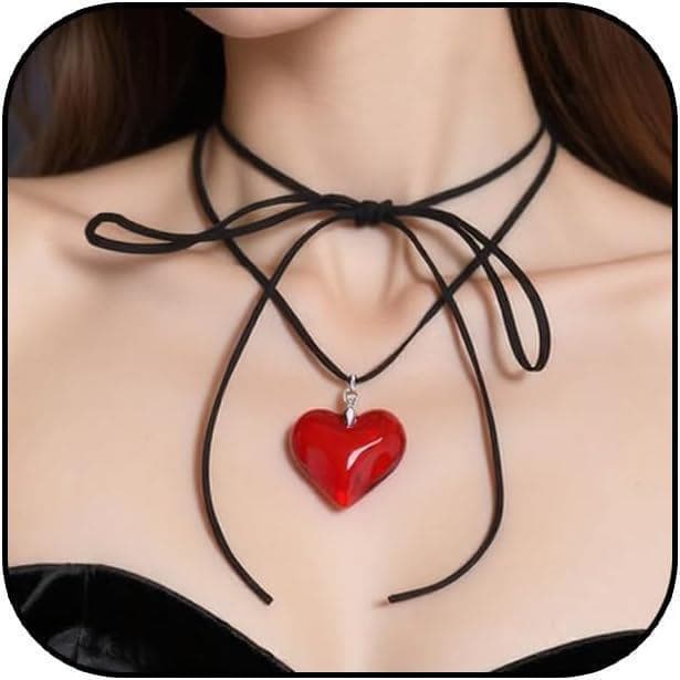 Colar Choker Chunky Puffy Heart para Mulheres, Colar com Grande Pingente de Coração de Vidro, Laço Trançado Elegante, Co