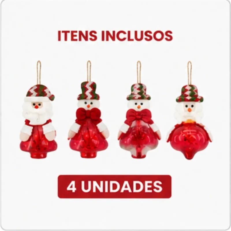 Kit Magia do Natal com 4 Enfeites Decorativos Iluminados, Personagens Natalinos e Brilho LED para Árvore – OIH-9214