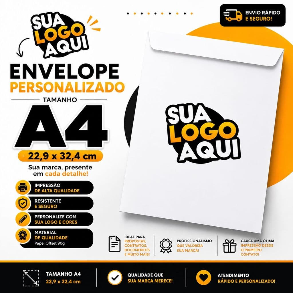 100 Envelope A4 Personalizado com a sua Logo - Tamanho 22,9 X 32,4