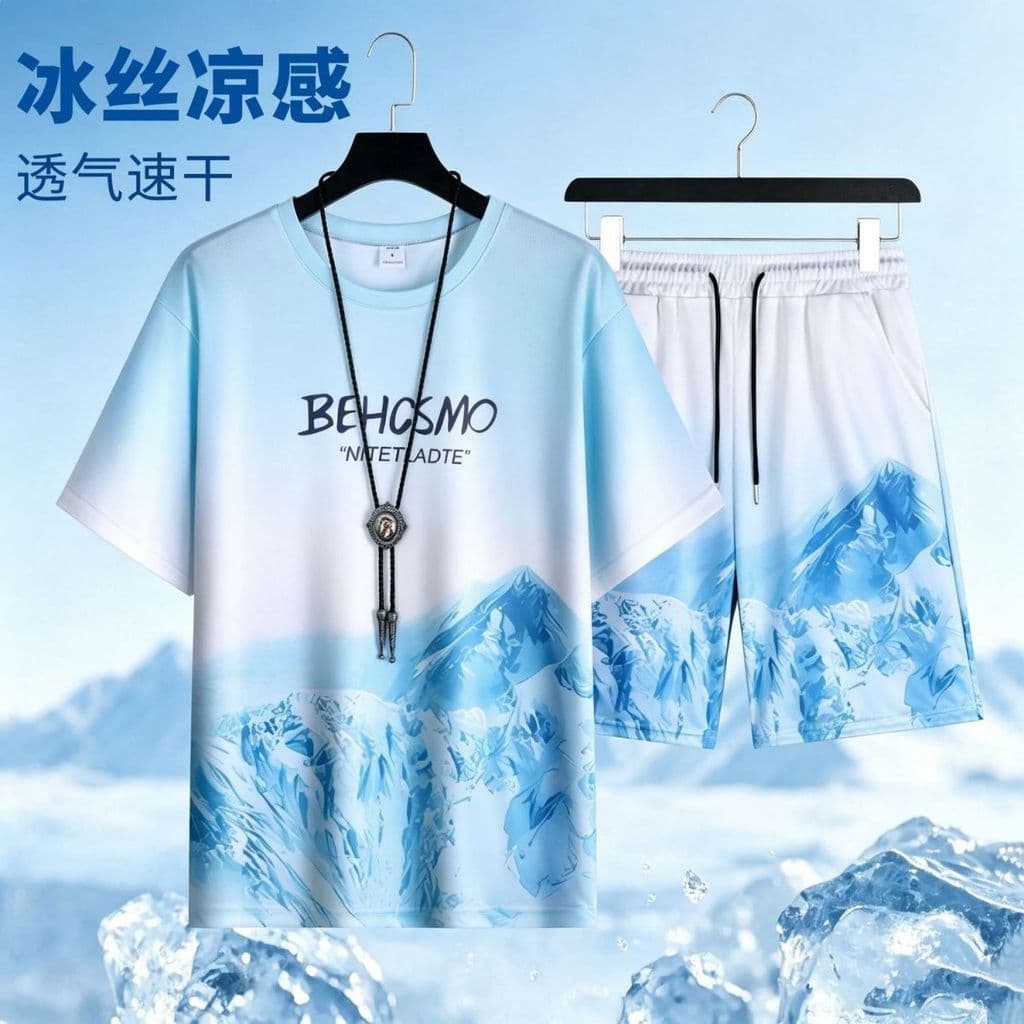 Verão gelo seda de secagem rápida respirável terno esportes na moda solto Casual de manga curta praia Shorts masculino A