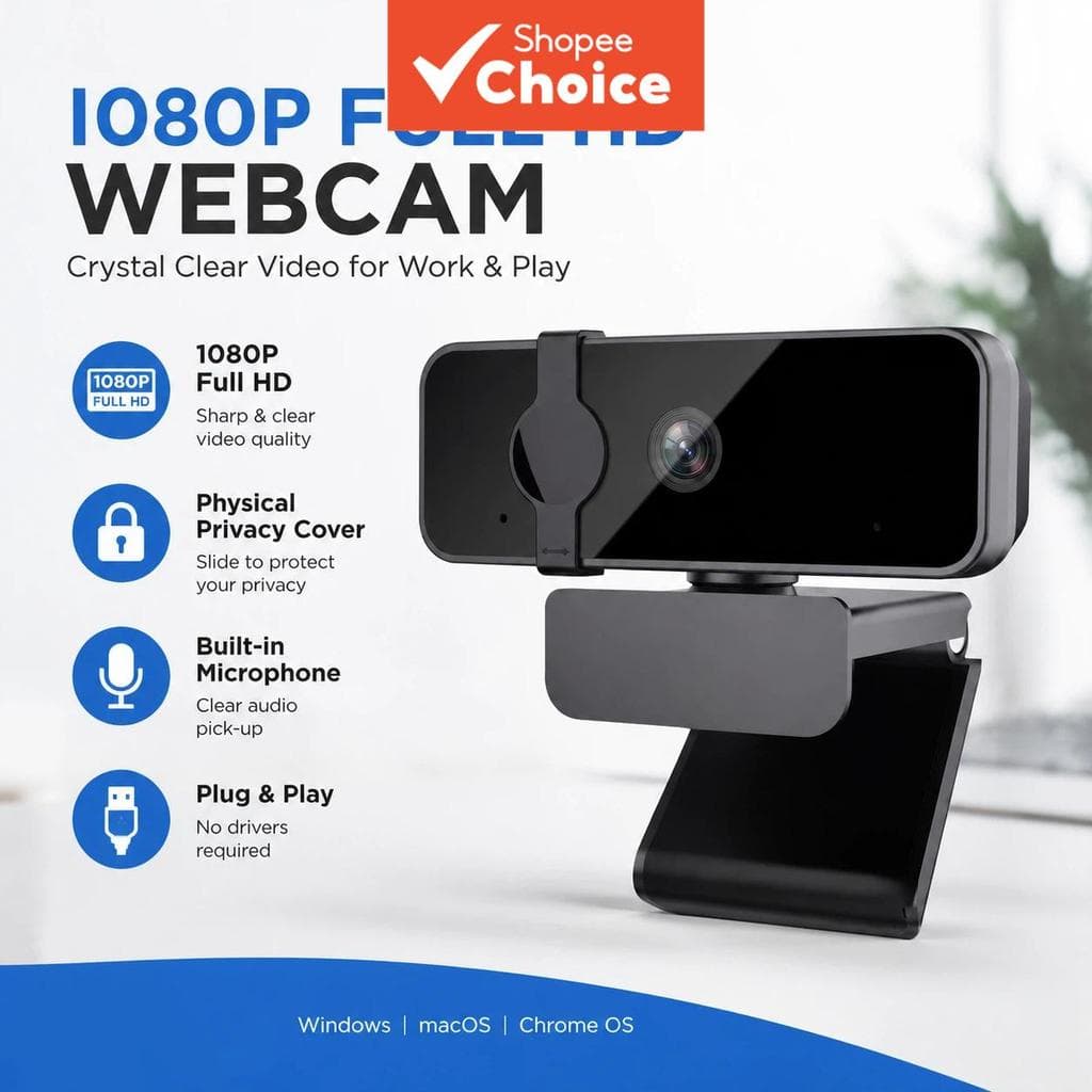 Câmera Web 1080p Full HD para PC e Laptop, 2 Microfones com Cancelamento de Ruído, Conexão USB Plug & Play com Tampa de