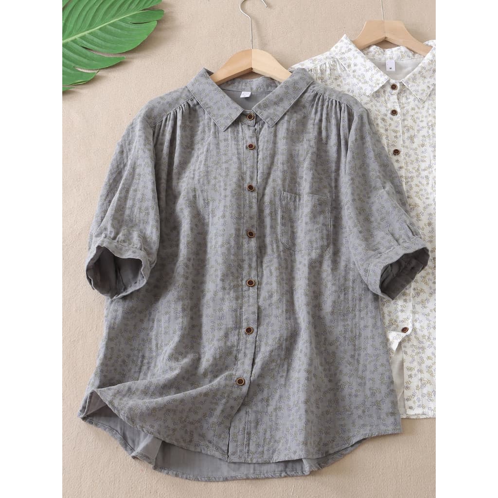 Literário Retro algodão gaze respirável camisa feminina de manga curta lapela All-Match impresso solto mais magro olhar