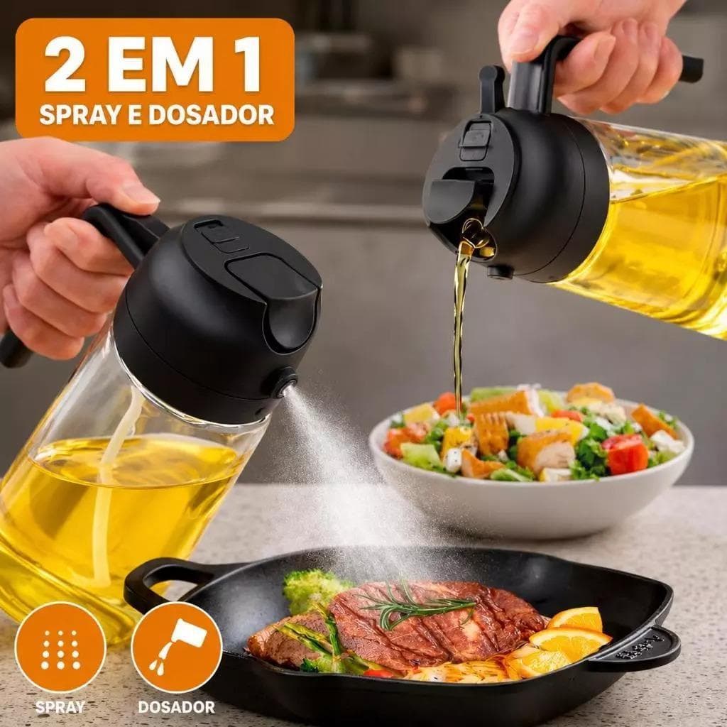 Dispenser de Azeite e Vinagre 2 em 1 Pulverizador Spray e Bico Dosador de Vidro 400ml