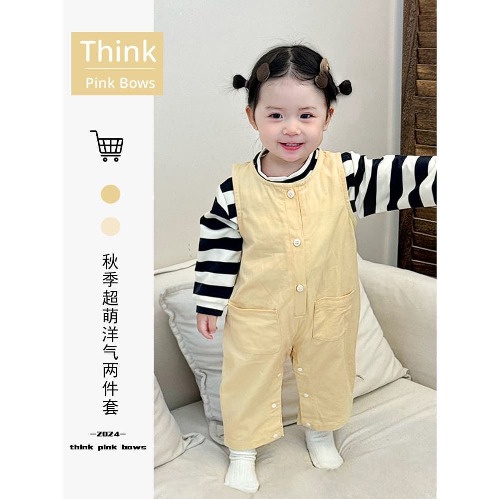 Feminino roupas de bebê outono Wear listrado camisa de fundo estilo ocidental macacão terno do bebê outono Outing roupas