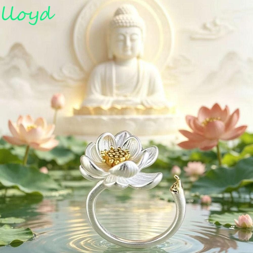 Anel De Flor De Lótus LLOYD , Bênção Ajustável De Tamanho Aberto Estilo Antigo Requintado De Prata De Alta Qualidade