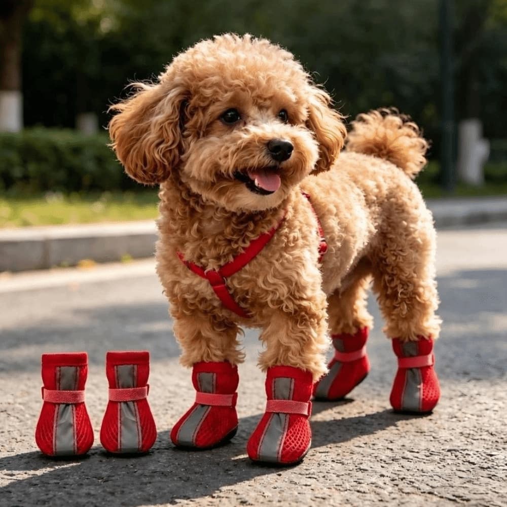 4 Pçs/SET Botas Para Animais De Estimação , Sapatos De Malha Respirável Cães , Alça Ajustável Antiderrapante Prote