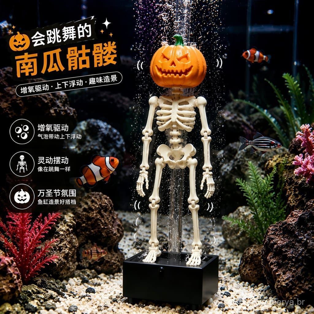 Aerador de Aquário em Forma de Esqueleto Dançante, Cabeça de Abóbora de Halloween, Decoração para Aquário de Água Doce,
