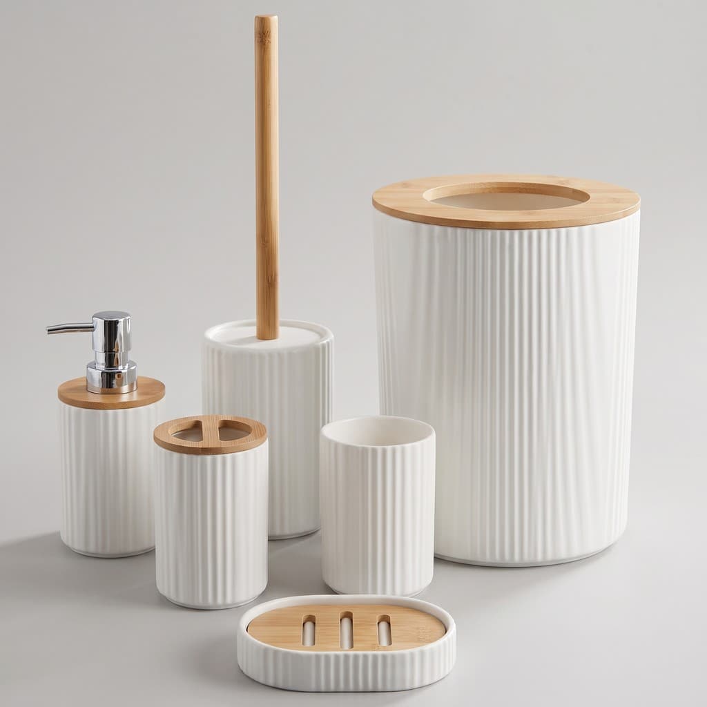 Kit Banheiro 6 Peças Branco e Bambu Texturizado