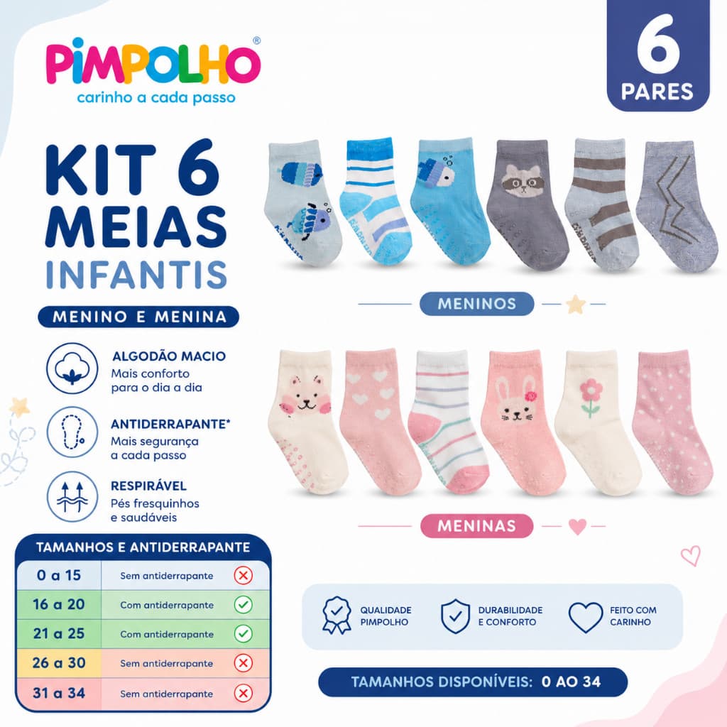 Kit 6 Pares Meia Bebê Infantil Pimpolho Antiderrapante 0 ao 34