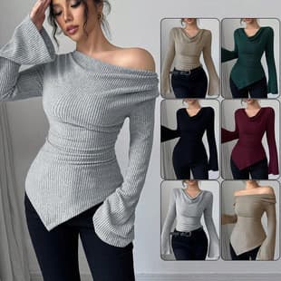 2026 Camisa feminina de fundo fora do ombro Slim fit de malha de manga comprida estilo viajante