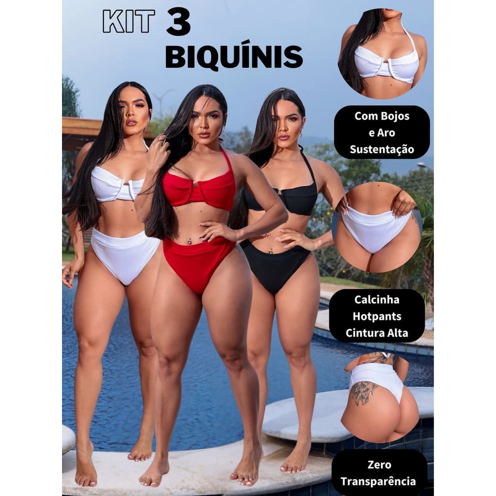 Kit 3 Biquínis Hot Pant Bojo Forrado Semi Fio Feminino Praia