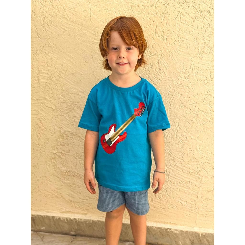 Camiseta Azul Infantil e Adulto Miguel 3 Palavrinhas  Estampa Violão Musical