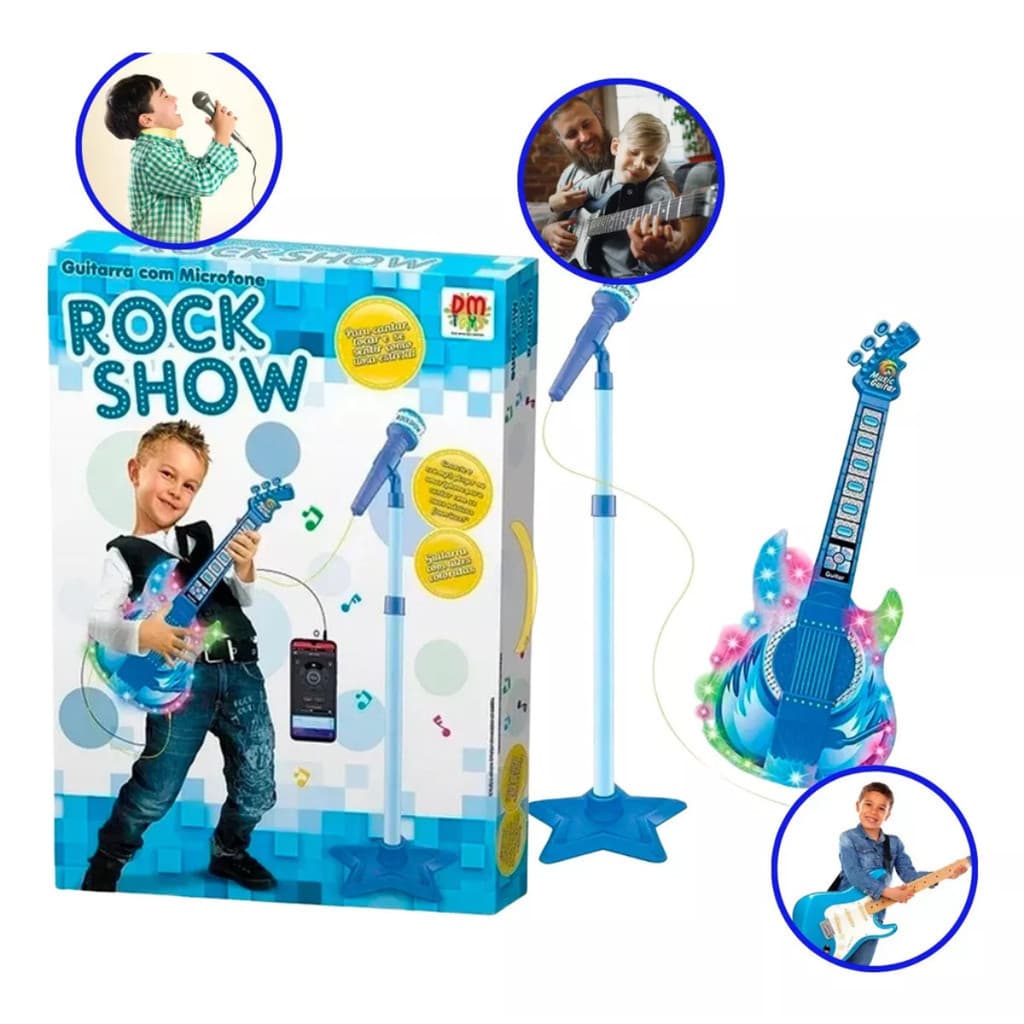 Guitarra Com Microfone E Pedestal Infantil Karaokê Som Mp3 Azul Ou Rosa Infantil Menino Menina
