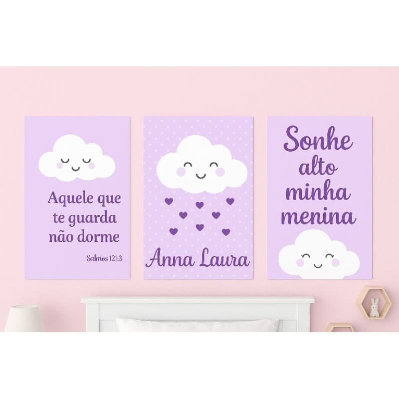 kit 3 Quadros decorativos infantil menina chuva de amor roxo personalizado 20x30 decoração para quarto infantil