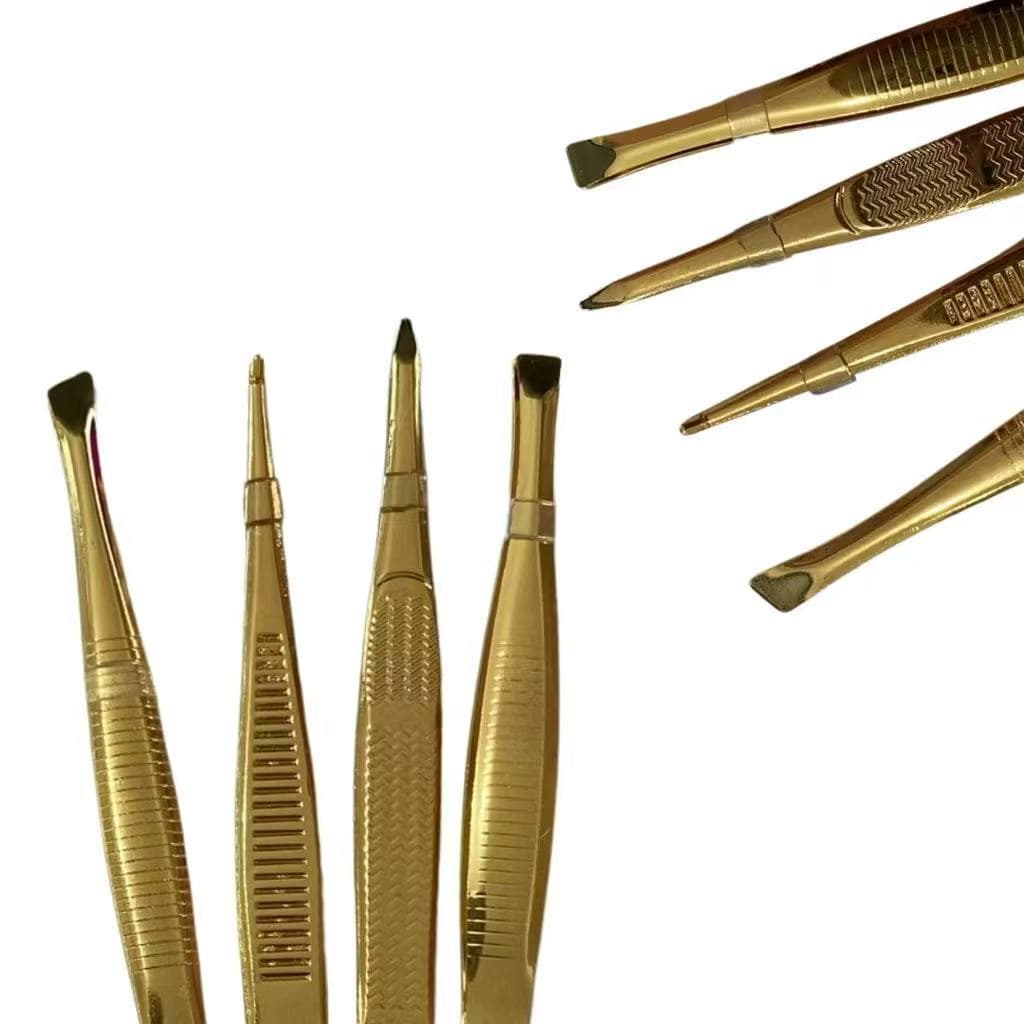 KIT 4 Pinça de Sobrancelha Dourada em Aço Inox