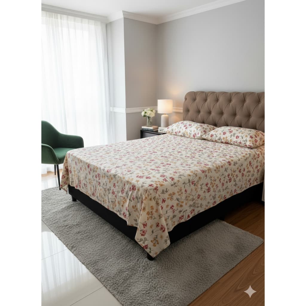 Jogo Lençol Casal Corttex 150 Fios 4 Peças Macio E Toque Suave floral branco