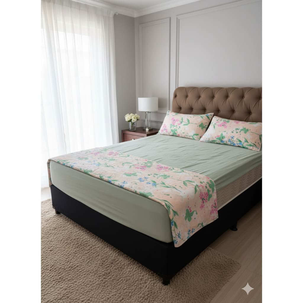Jogo Lençol Casal Corttex 150 Fios 4 Peças Macio E Toque Suave floral verde