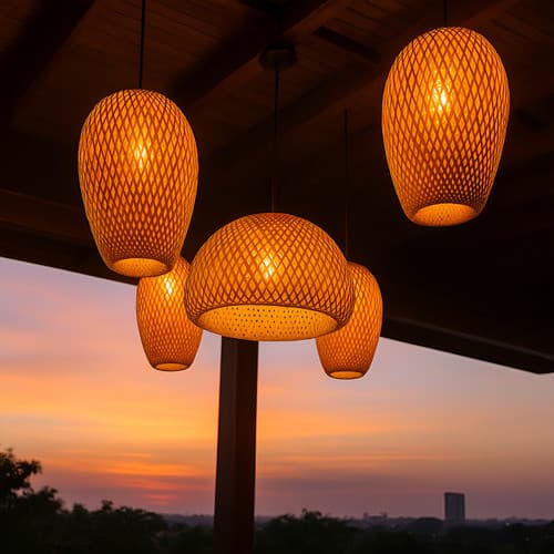Kit Lustres 5 Pendentes De Palha Luminárias De Teto Trançada Bambu Fibra Completa Com Luz Quente