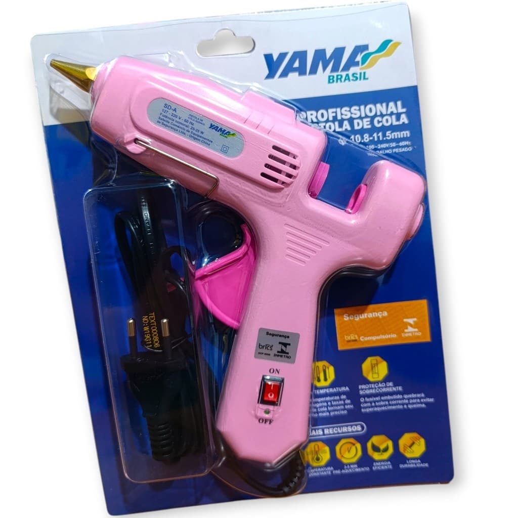 Pistola de Cola Quente Yama 100W Profissional Bivolt com Bico Fino Removível e Botão Liga/Desliga Bastão Grosso