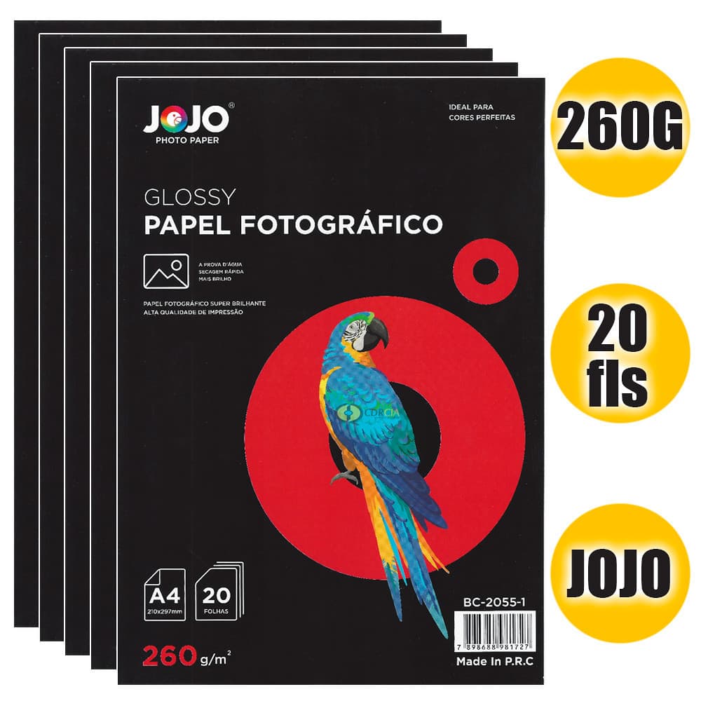 Papel A4 Fotográfico 260g JoJo Super Brilho, Papel Glossy Jojo - Kit com 20 Folhas