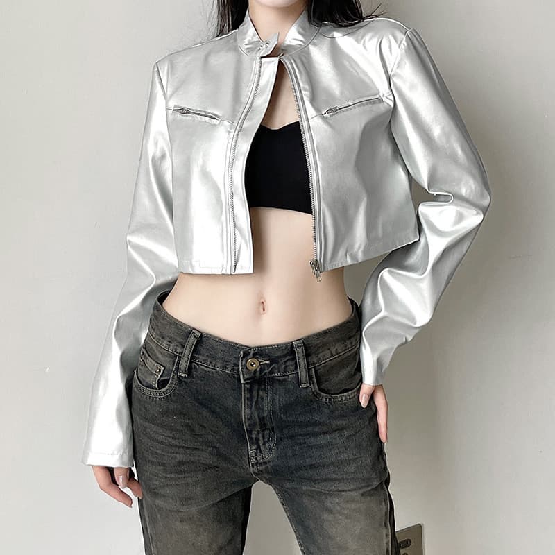 Europeu americano estilo menina quente costura de couro roupas da motocicleta uniforme rua outono curto recortado cor só