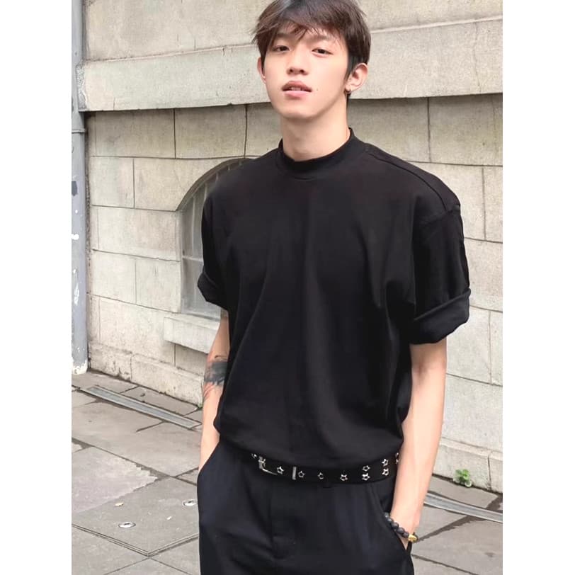Elegante pequeno pescoço alto camiseta masculina preguiçoso solto sentir solto cinco pontos de manga curta gelo seda Mod
