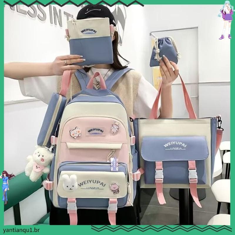 Mochila escolar de cinco peças, versão coreana, estudantes do ensino médio, estudantes do ensino médio, mochila para est