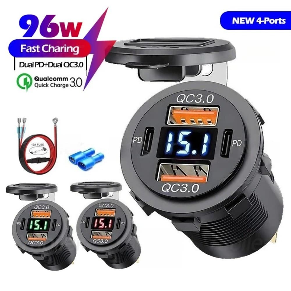 Tomada USB Para Carregador De Carro , 96W , 4 Portas , 12V/24V , Dupla Tipo C PD3.0 E Porta QC3.0 Com Voltímetro LED Bar