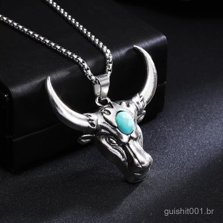 Colar de pingente de cabeça de touro masculino da moda hip-hop, joia vintage de aço inoxidável incrustada com turquesa,